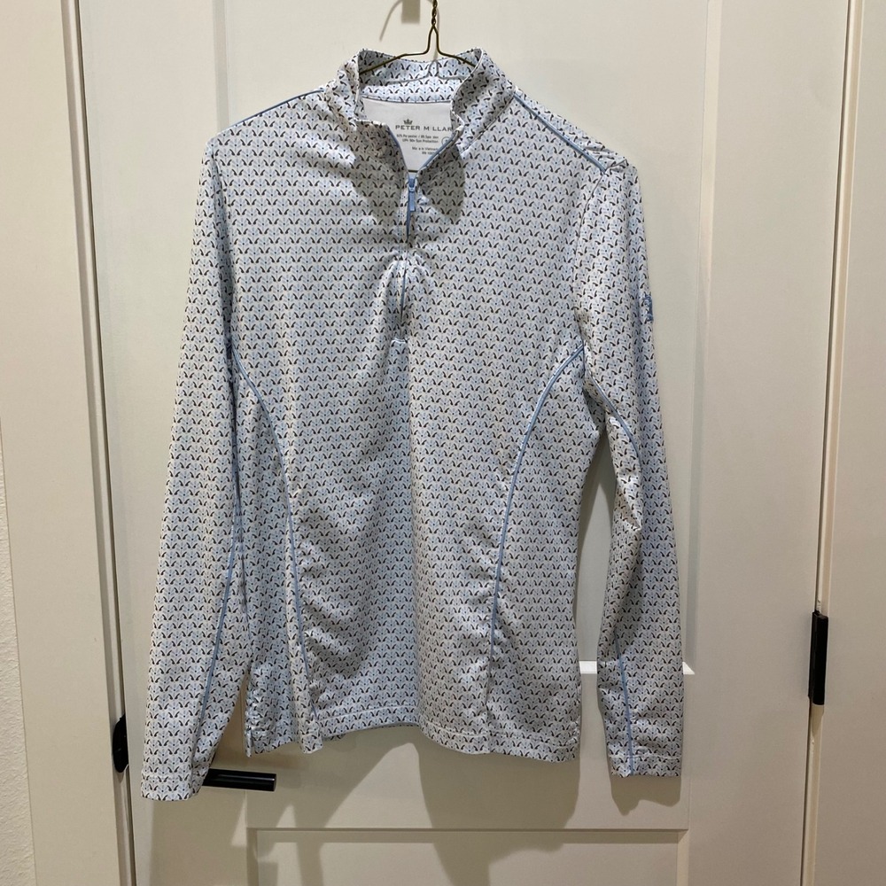 Peter Millar Ladies 1/4 Zip. Small. White/Gray/ Blue Design. Poly/Spandex